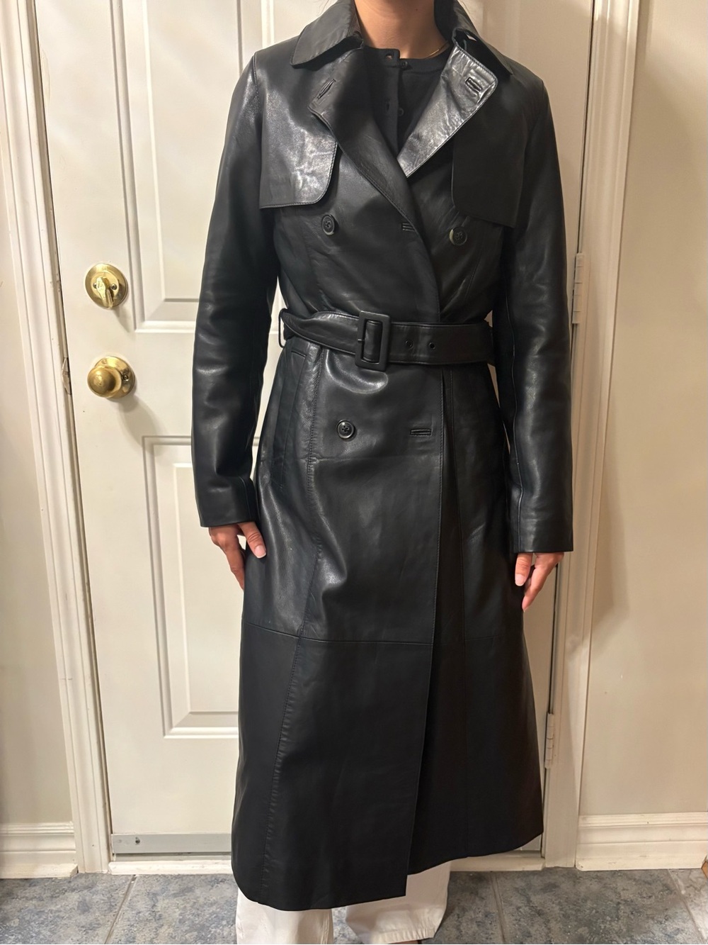 Bod & Christiensen 100% Leather Double-Breasted Trench Coat Size Small